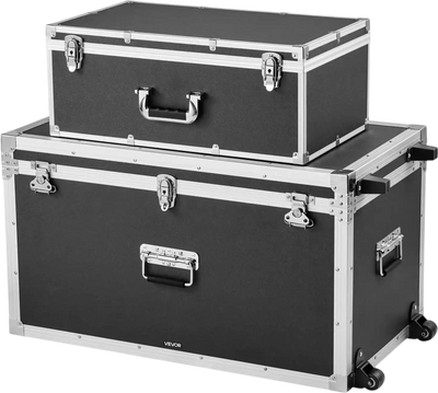 VEVOR Metal Storage Trunk, Set of 2, Wooden Suitcase Storage Boxes with Padlocks, Large Trunk Includes Casters & 3 Metal Handles, Decorative Store Chest with Lids for Travel, Apartment, Dorm, Black