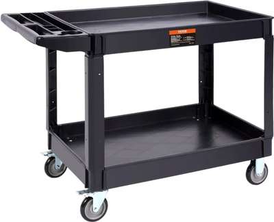 VEVOR Utility Service Cart, 2 Shelf 550LBS Heavy Duty Plastic Rolling Utility Cart with 360° Swivel Wheels (2 with Brakes), Large Lipped Shelf, Ergonomic Storage Handle for Warehouse/Garage/Cleaning