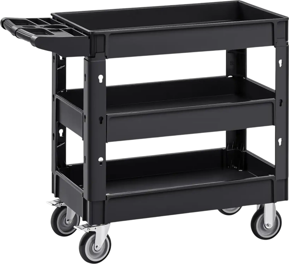 VEVOR Utility Service Cart, 550 LBS Laod Capacity, 3 Shelf Heavy Duty Plastic Rolling Utility Cart with 360° Swivel Wheels (2 with Brakes), Ergonomic Storage Handle for Warehouse/Garage/Cleaning