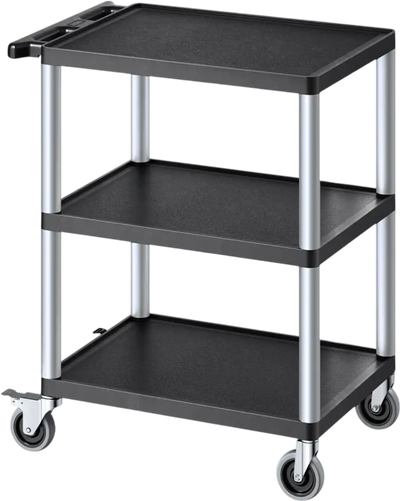 VEVOR Utility Cart, 300 lbs Load Capacity, 27.6 x 18.1-inch Service Cart, Three-Shelf Heavy Duty Plastic Utility Cart with 360° Swivel Wheels (2 with Brakes), Suitable for Warehouse, Garage, Cleaning