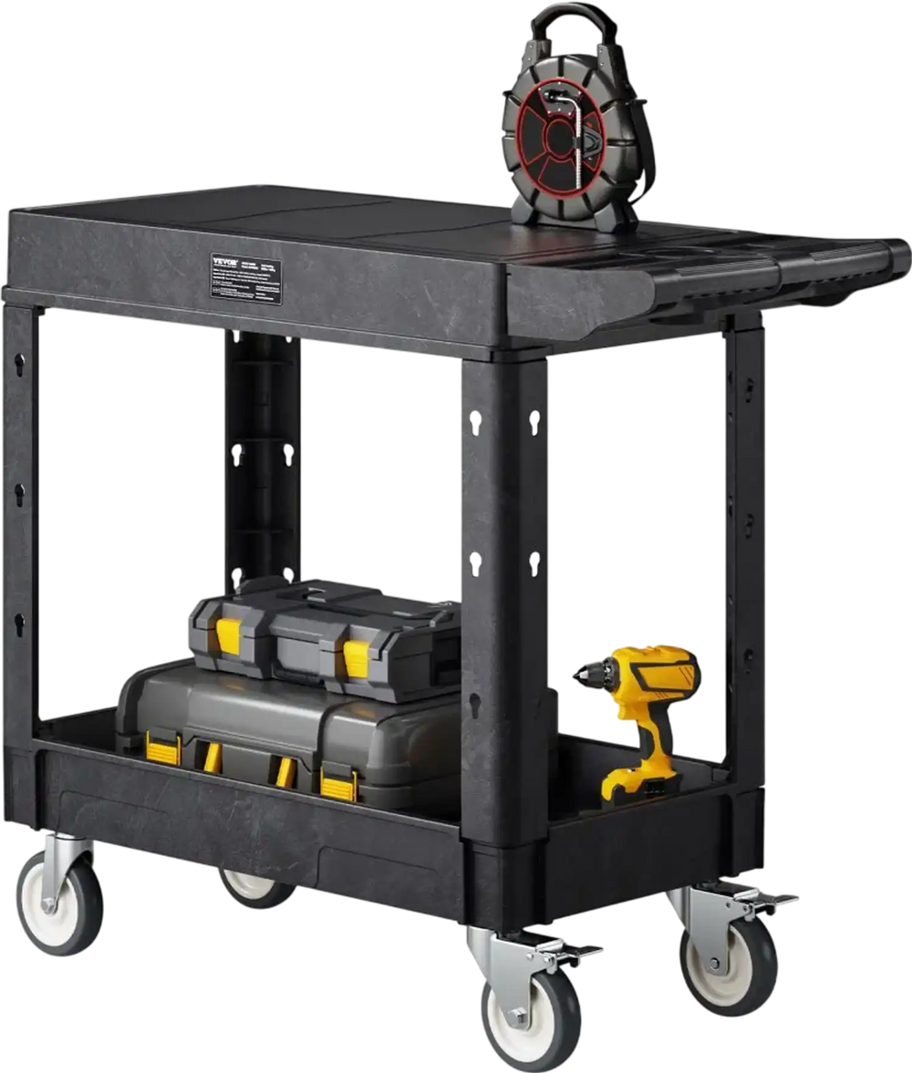 VEVOR Utility Cart, 550 lbs Load Capacity, 31.3 x 17.7-inch Service Cart, Two-Shelf Heavy Duty Plastic Utility Cart with 360° Swivel Wheels (2 with Brakes), Suitable for Warehouse, Garage, Cleaning