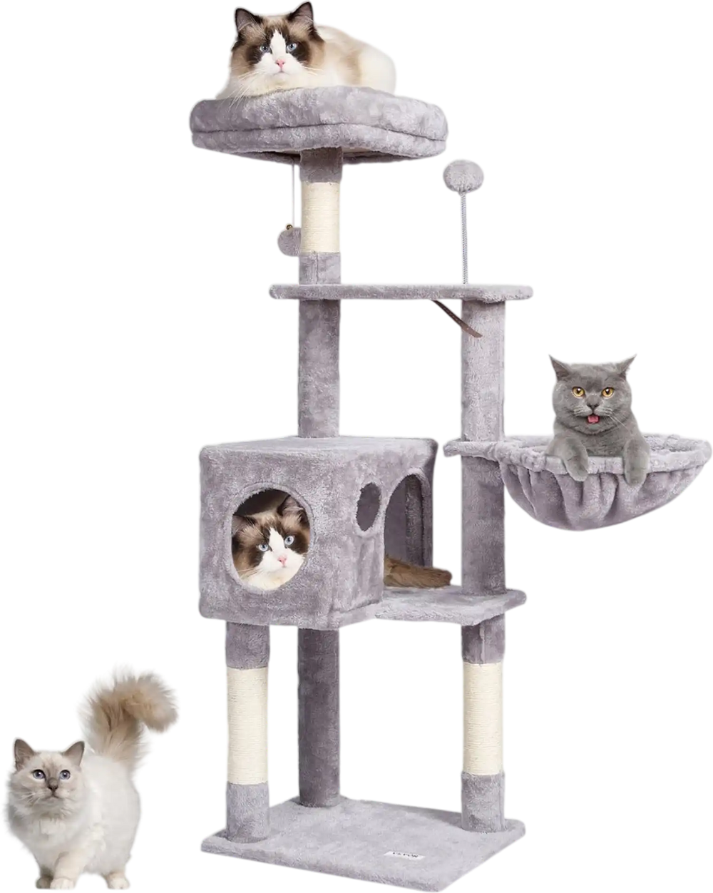 VEVOR Cat Tree for Indoor Cats, 45.2" Cat Tower with Cat Condo, Sisal Scratching Post, Hammock, Top Perch, Jumping Platforms, Large Cat House with Hang Ball, Cat Furniture Activity Center, Light Grey