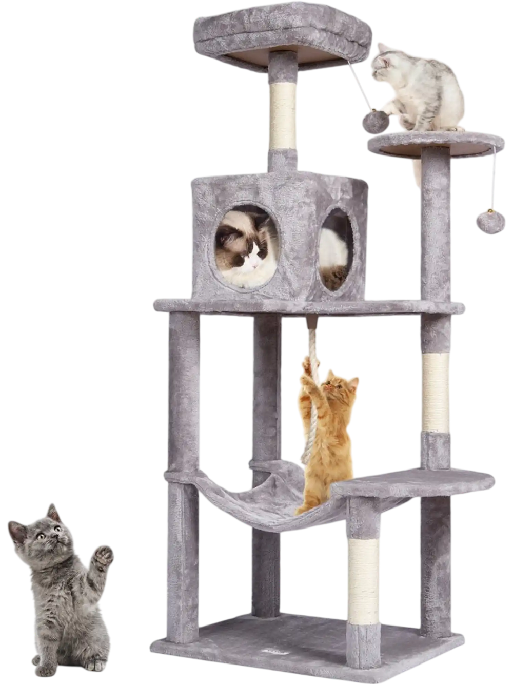 VEVOR Cat Tree for Indoor Cats, 56.2" Cat Tower with Cat Condo, Sisal Scratching Post, Hammock, Top Perch, Jumping Platforms, Large Cat House with Hang Ball, Cat Furniture Activity Center, Light Grey