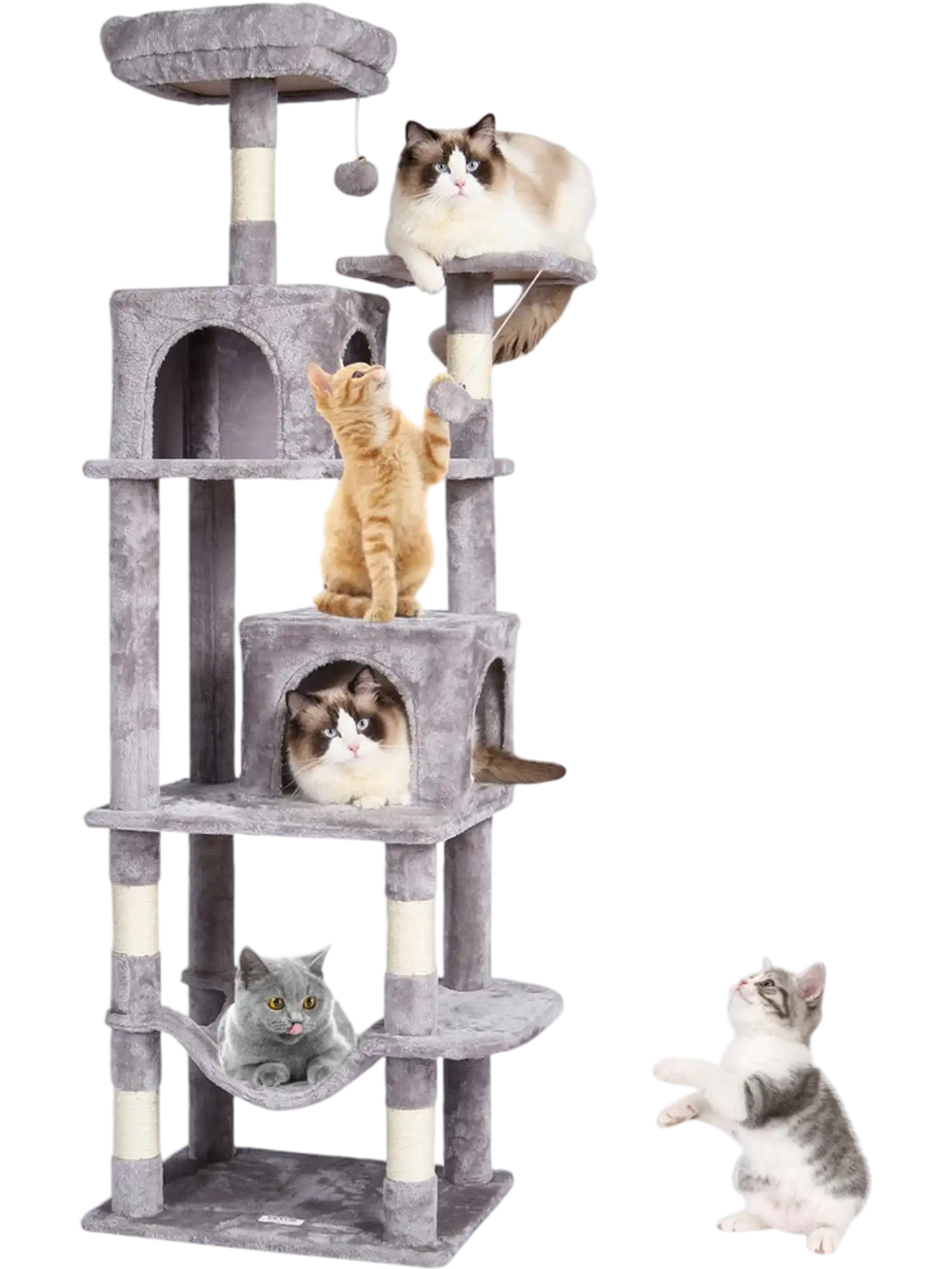 VEVOR Cat Tree for Indoor Cats, 63" Cat Tower with 2 Cat Condos, Sisal Scratching Post, Hammock, Top Perch, Jumping Platforms, Large Cat Furniture Activity Center with Hang Ball, Light Grey