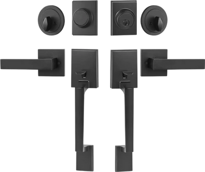 VEVOR Double Door Handle Set, Matte Black Square Door Lever, Double Front Door Handle Set with Reversible Handle Lever, Heavy Duty Double Door Lock Set with Dummy, for Office Door or Front Door