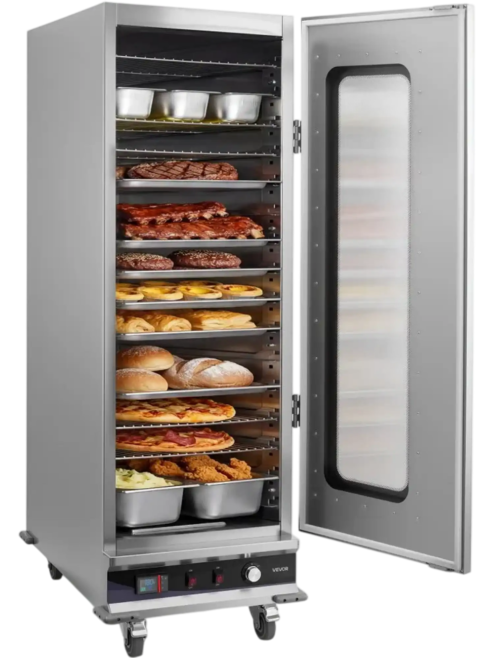 VEVOR Electric Hot Box Food Warmer, 16-Tier Commercial Warming Cabinet with Water Tray, Glass Door and Adjustable Shelves, Stainless Steel Food Warmer Cabinet, for Restaurant, Kitchen, Pizza, Chicken