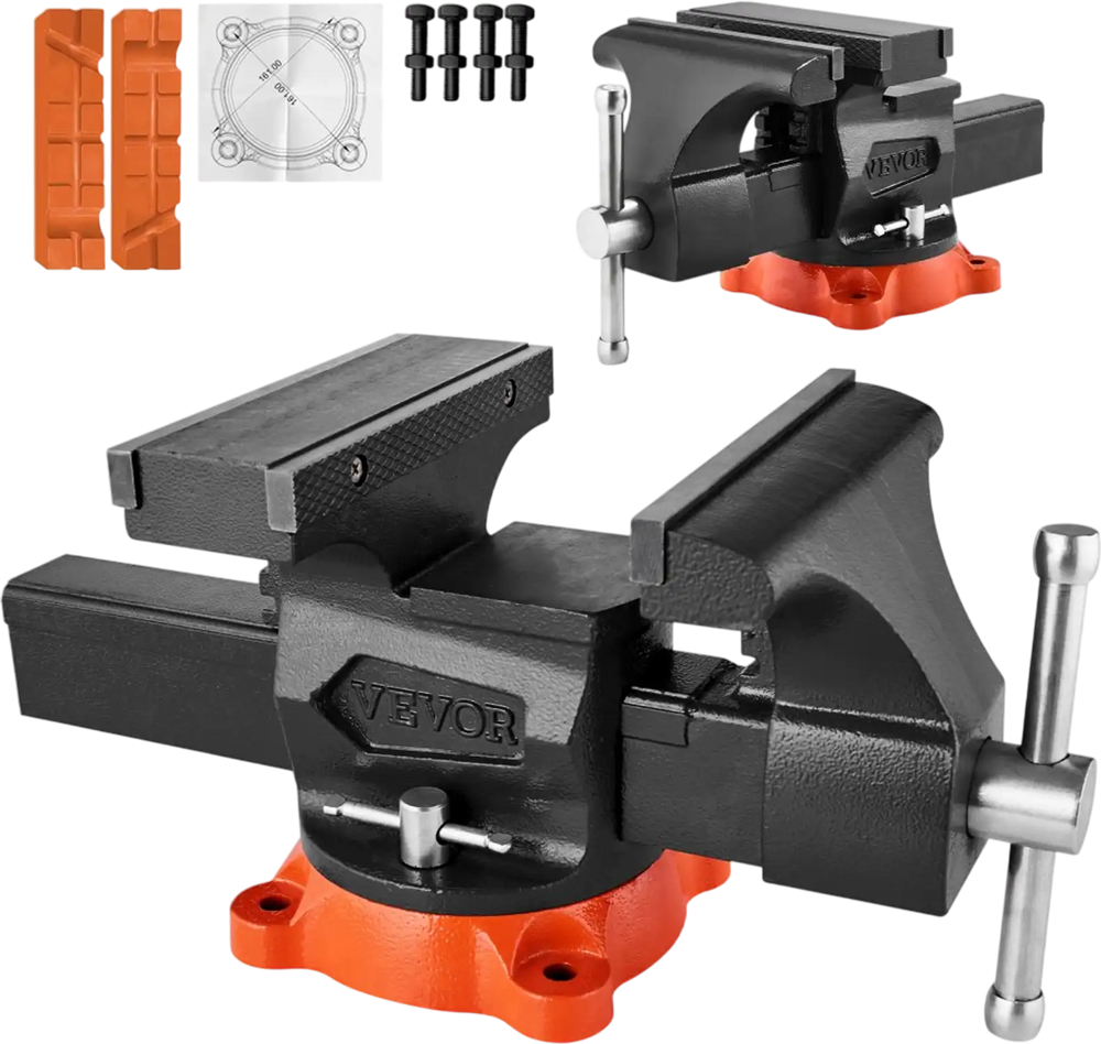 VEVOR Bench Vise, 8" Jaw Width, 8" Max Jaw Opening Multipurpose Vise with 360° Swivel Locking Base, 3.7" Throat Depth, Heavy Duty Ductile Iron Workbench Vise, Two-Way Jaws for Clamping Round Pipes