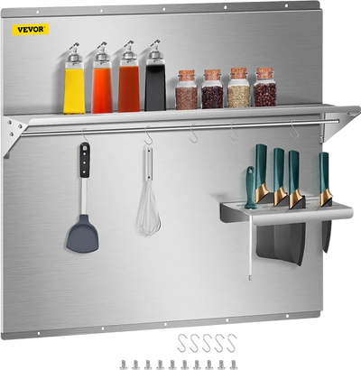 VEVOR Range Backsplash with Shelf 36 x 29.5 Inch Range Hood Wall Shield, Stainless Steel Backsplash Silver Splash Plate for Range Hood Stainless Backsplash with Built-in Storage Shelf and Hanging Rack