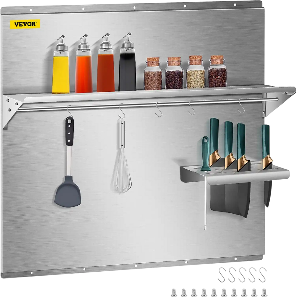 VEVOR Range Backsplash with Shelf 36 x 30.7 Inch Range Hood Wall Shield, Stainless Steel Backsplash Silver Splash Plate for Range Hood Stainless Backsplash with Built-in Storage Shelf and Hanging Rack