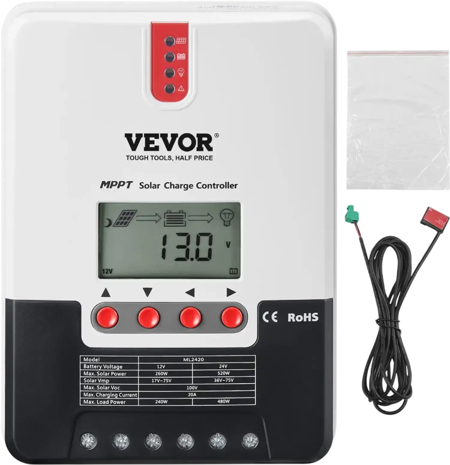Vevor MPPT Solar Charge Controller 20A 12V/24V Auto DC Input LCD Display New