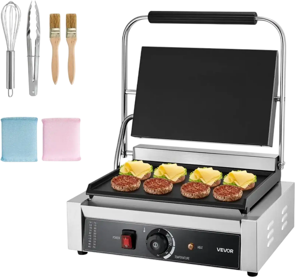 VEVOR Commercial Panini Grill, 1800W Electric Sandwich Panini Maker, Stainless Steel Sandwichs Press Grill with Handle and Temp Control, 13.5x9.3 in Full Flat Enamel Plate, for Hamburger Steak Bacon