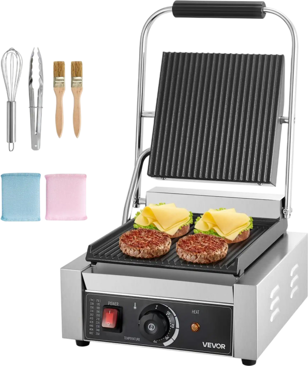 VEVOR Commercial Panini Grill, 1800W Electric Sandwich Panini Maker, Stainless Steel Sandwich Press Grill, Panini Grill with Temp Control & 9"x9" Full Grooved Enamel Plate for Hamburger Steak Bacon