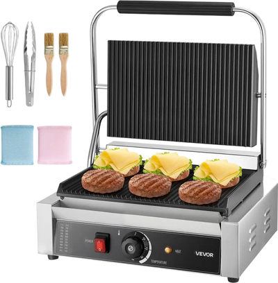 VEVOR Commercial Panini Grill, 1800W Electric Sandwich Panini Maker, Stainless Steel Sandwichs Press with Handle and Temp Control, 13.5x9.3 in Full Grooved Enamel Plate, for Hamburger Steak Bacon
