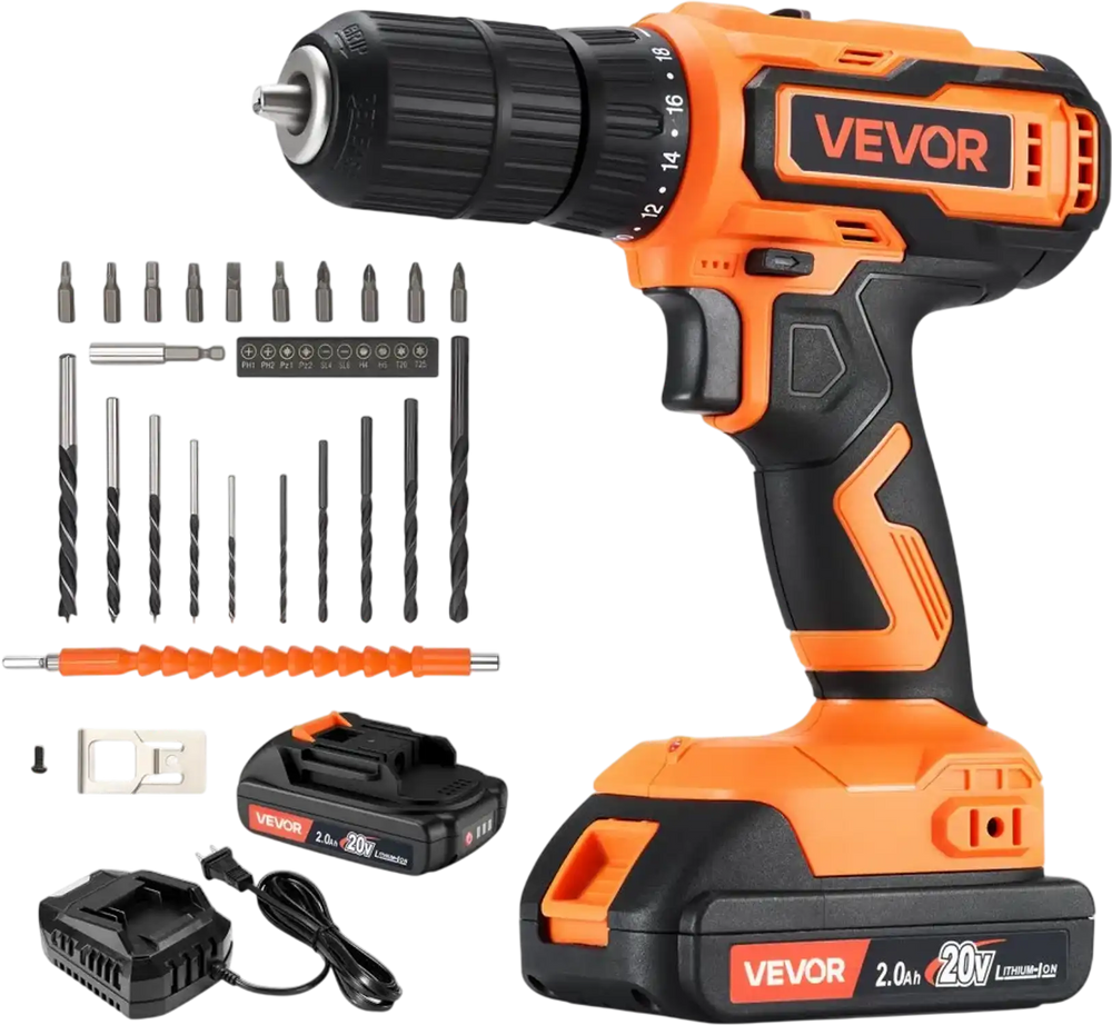 VEVOR Cordless Drill Driver, 1/2 inch Metal Chuck, Dual-Speed Variable, Drill Driver Kit with Lithium Battery and Charger, Belt Clip, for Wood and Metal Drilling, Screw Tightening or Loosening