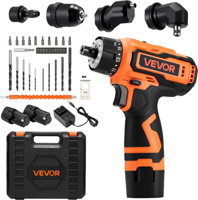 VEVOR Cordless Drill Driver, 5-In-1, Metal Chuck, Dual-Speed Variable, Drill Driver Kit with 2 Lithium Batteries and Charger, Tool Box, for Wood and Metal Drilling, Screw Tightening or Loosening