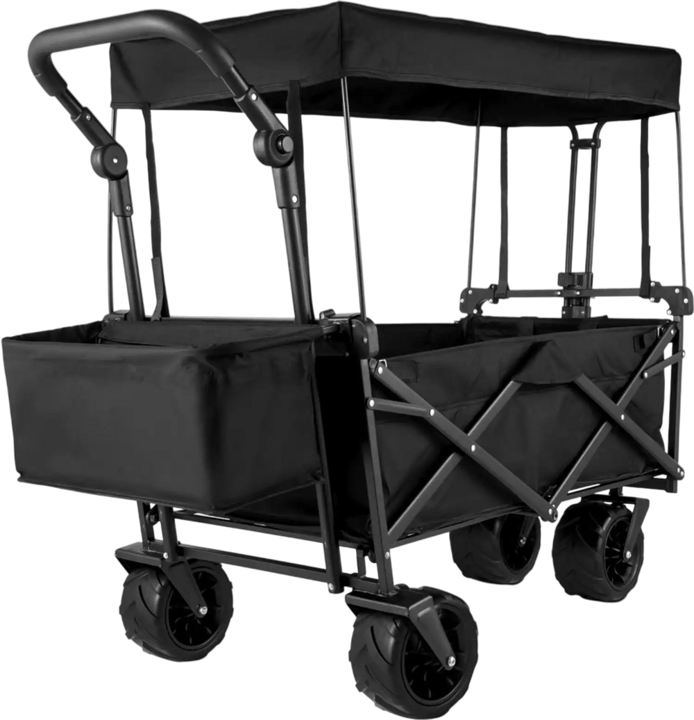 VEVOR Extra Large Collapsible Garden Cart with Removable Canopy, Folding Wagon Utility Carts with Wheels and Rear Storage, Wagon Cart for Garden, Camping, Grocery Cart, Shopping Cart, Black