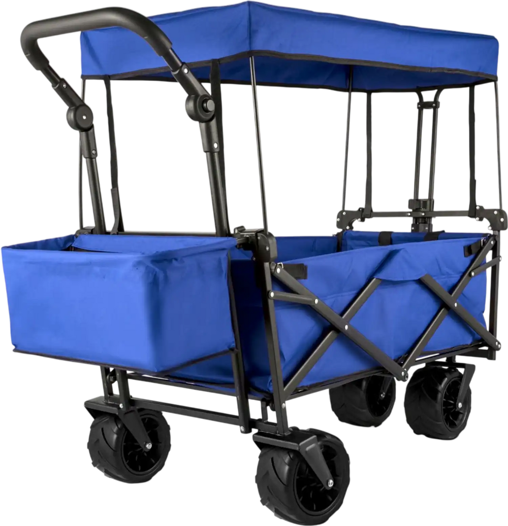 VEVOR Extra Large Collapsible Garden Cart with Removable Canopy, Folding Wagon Utility Carts with Wheels and Rear Storage, Wagon Cart for Garden, Camping, Grocery Cart, Shopping Cart, Blue