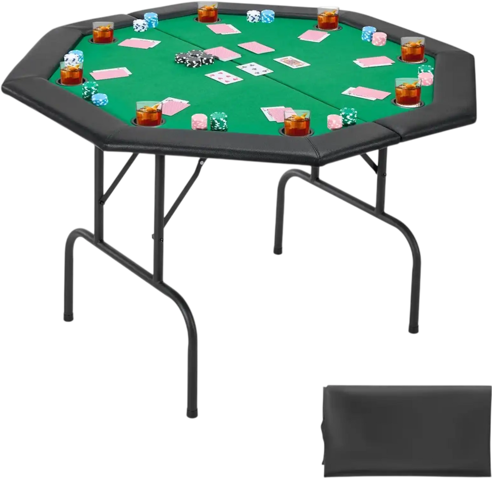 VEVOR Foldable Poker Table, 8 Player 48 in Folding Casino Leisure Table with Padded Rails & Cup Holders, Octagonal Portable Game Tables with Felt & Metal Legs, for Texas Hold'em Game and Blackjack