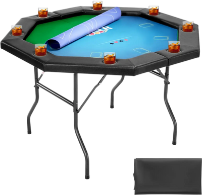 VEVOR Foldable Poker Table, 8 Player 48 in Folding Casino Leisure Table with Padded Rails & Cup Holders, Octagonal Portable Game Tables with Felt & Metal Legs, for Texas Hold'em Game and Blackjack