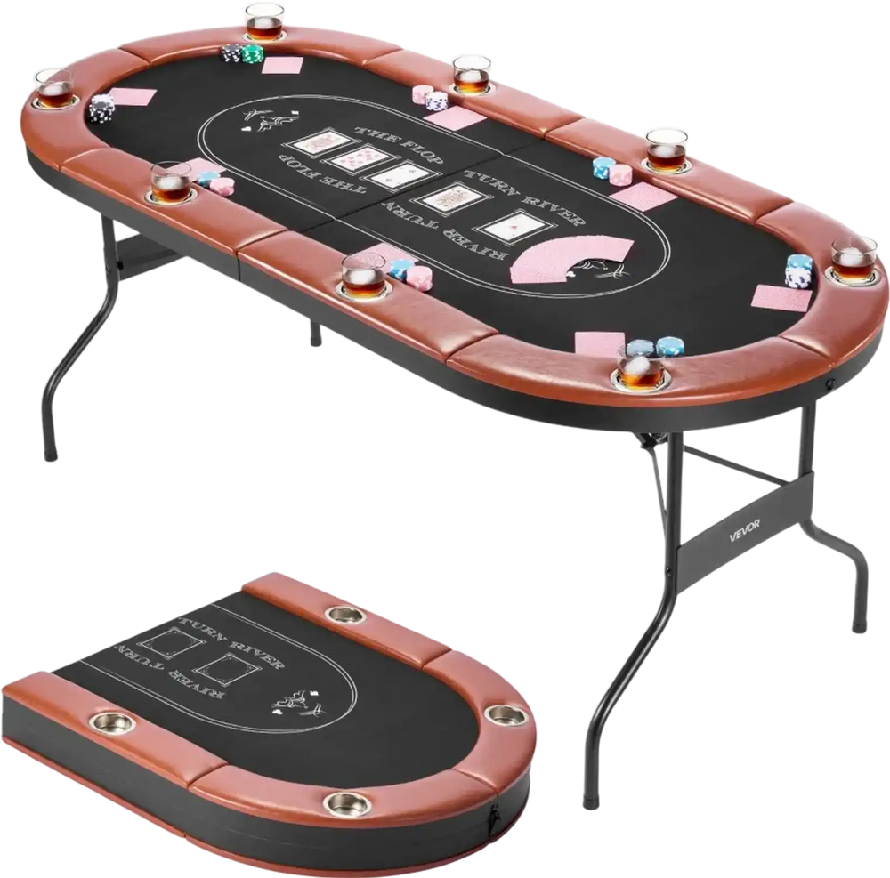 VEVOR Foldable Poker Table, 8 Player 72 in Folding Casino Leisure Table with Padded Rails and Cup Holders, Oval Portable Game Tables with Felt & Metal Legs, for Texas Hold'em Game and Blackjack