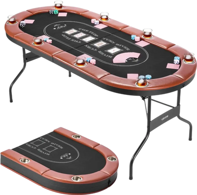VEVOR Foldable Poker Table, 8 Player 72 in Folding Casino Leisure Table with Padded Rails and Cup Holders, Oval Portable Game Tables with Felt & Metal Legs, for Texas Hold'em Game and Blackjack