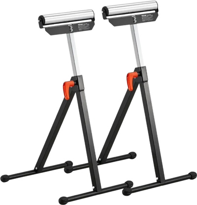 VEVOR 2-Pack Roller Stands, 135 lb Load Capacity, 26.8-42.5'' Adjustable Height, Folding Heavy Duty Design with 11.5 in Polished Steel Roller Head, for Table Saw Outfeed Woodworking Extension Support