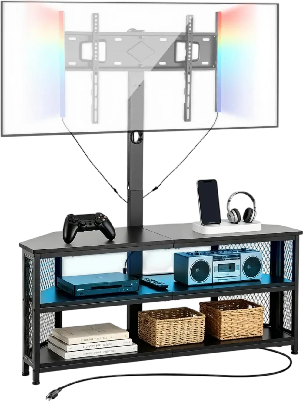 VEVOR TV Stand with Mount, 45.3 Inch, Corner TV Stand Console with Power Outlet, for 32-75 Inch TVs, Height Adjustable Swivel Entertainment Center with Storage & LED Lights, for Living Room, Black