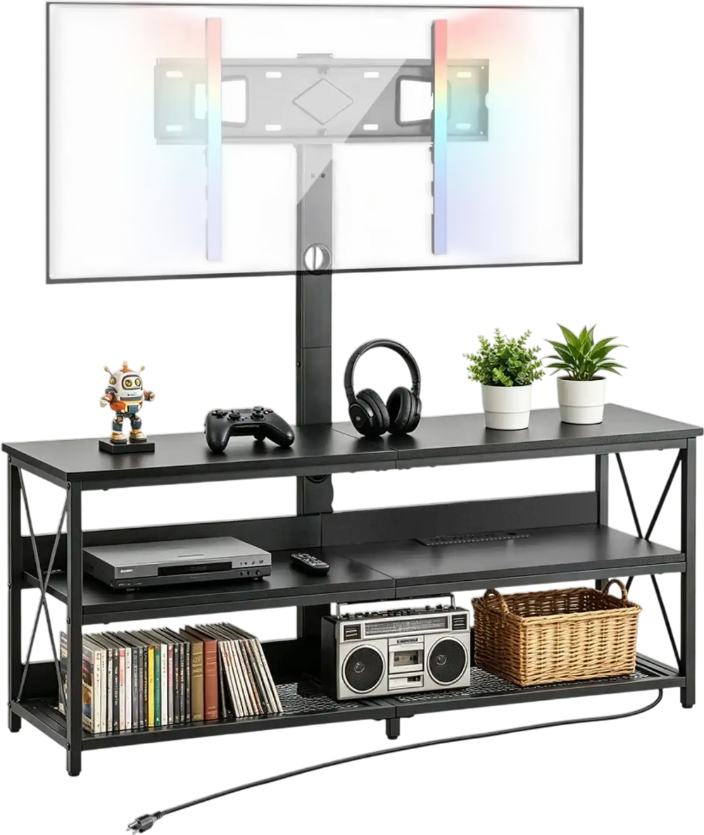 VEVOR TV Stand with Mount, 47.2 Inch, TV Stand Console with Power Outlet, for 32-75 Inch TVs, Height Adjustable Swivel Entertainment Center with Open Storage Shelf, for Living Room Bedroom, Black