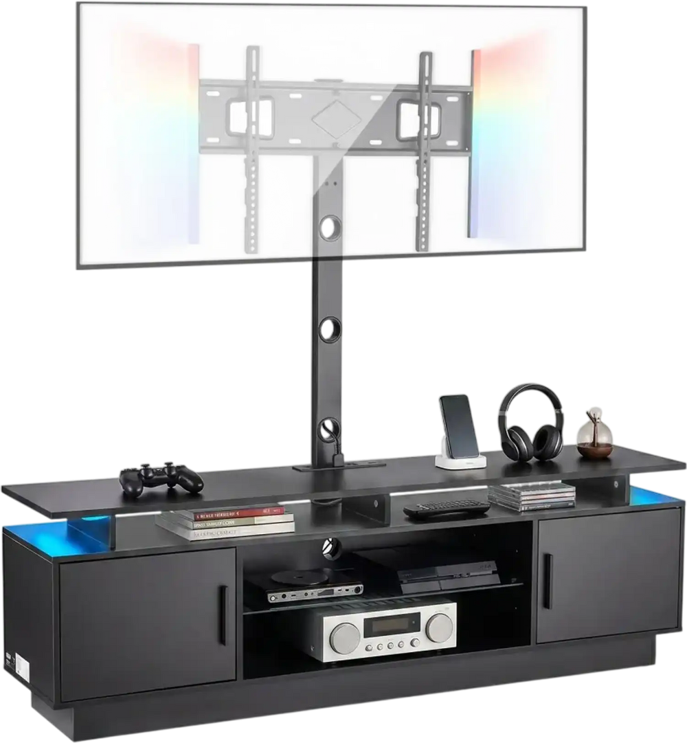 VEVOR TV Stand with Mount, 59.1 Inch, Swivel TV Stand Console with Power Outlet, for 32-75 Inch TVs, Height Adjustable Modern Entertainment Center with Storage & LED Lights, for Living Room, Black