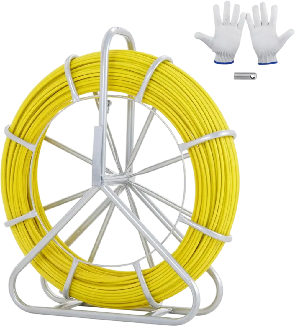 VEVOR Fish Tape Fiberglass, 425 ft, 1/4 inch, Duct Rodder Fishtape Wire Puller, Cable Running Rod with Steel Reel Stand, 3 Pulling Heads, Fishing Tools for Walls and Electrical Conduit, Non-Conductive