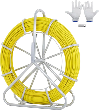 VEVOR Fish Tape Fiberglass, 425 ft, 1/4 inch, Duct Rodder Fishtape Wire Puller, Cable Running Rod with Steel Reel Stand, 3 Pulling Heads, Fishing Tools for Walls and Electrical Conduit, Non-Conductive