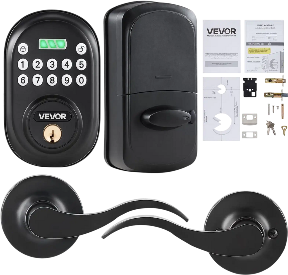 VEVOR Keyless Entry Door Lock with Handle, Electronic Keypad Entry Lever, Password and Key Unlock Combination, Auto-Locking Keypad with Deadbolt, One-time Password, for Front Door, Matte Black