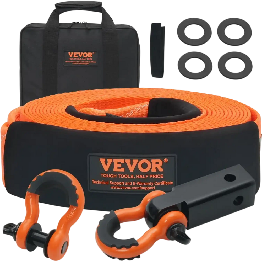 VEVOR Polyester Heavy Duty Tow Strap Recovery Kit 3" x 30 ft (MBS-36,000 lbs) Winch Strap, Triple Reinforced Loop, Snatch Strap + 2" Shackle Hitch Receiver + 3/4" D-Ring Shackles (2PCS) + Storage Bag