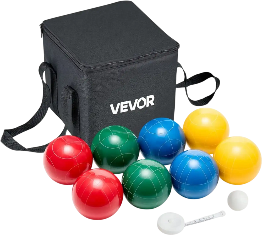 VEVOR Bocce Ball Set, 107 mm, with 8 Resin Balls, Pallino, Carrying Bag and Measuring Rope, Red/Green/Blue/Yellow 4 Colors, for 2 to 8 Players, Bocce Ball Game Set for Beach, Lawn, Family Backyard