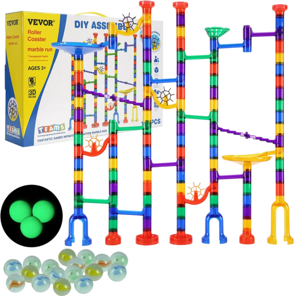 VEVOR Marble Run Set, 150 Piece Marble Maze Building Block Brain Game, with 10 Glow in the Dark Marbles + 40 Glass Marbles, Educational Learning Race Track STEM Toys, for Kids, Boys, Girls Ages 3 +