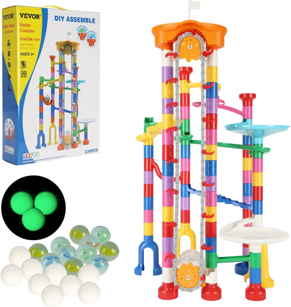 VEVOR Marble Run Set, 230 PCS with Motorized Elevator, with 15 Plastic Marbles, Marble Maze Building Block Brain Game, Educational Learning Race Track STEM Toys, for Kids, Boys, Girls Ages 3 + Years