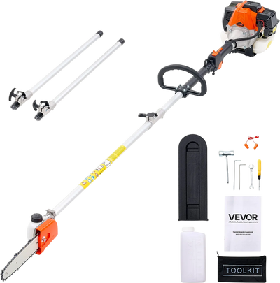 VEVOR Gas Pole Saw, 33CC 2 Stroke Gas Powered Pole Saws with 8 in Cutting Bar, Cordless Tree Trimmer with 30 fl.oz Fuel Tank, 6.7 to 11.6 ft Extendable, Powerful Chainsaw for Tree Trimming Pruning