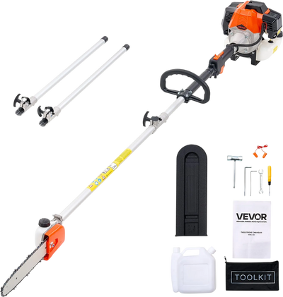 VEVOR Gas Pole Saw, 43CC 2 Stroke Gas Powered Pole Saws with 10 in Cutting Bar, Cordless Tree Trimmer with 30 fl.oz Fuel Tank, 6.8 to 11.7 ft Extendable, Powerful Chainsaw for Tree Trimming Pruning
