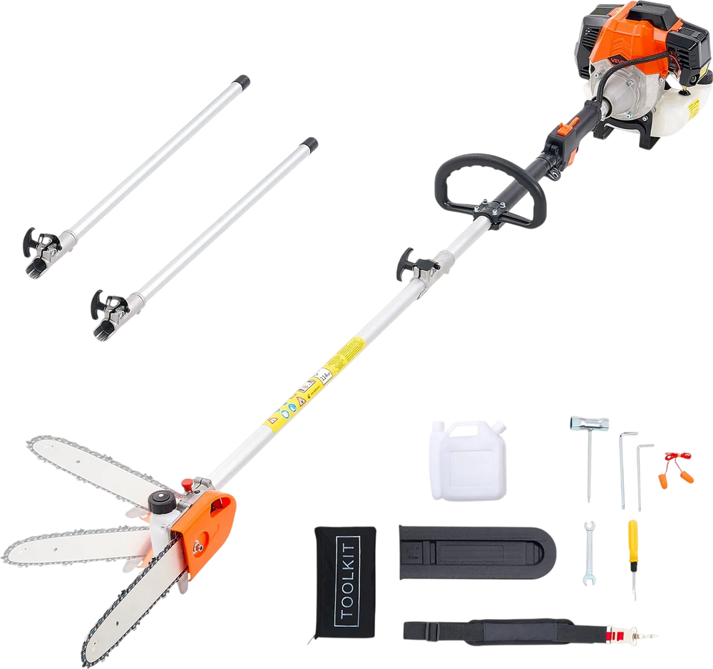 VEVOR Gas Pole Saw, 43CC 2 Stroke Gas Powered Pole Saws with 10 in Cutting Bar, Cordless Tree Trimmer with Rotatable Head, 6.9 to 11.8 ft Extendable, Powerful Chainsaw for Tree Trimming Pruning