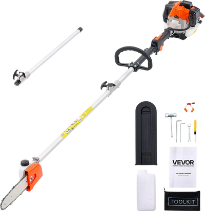VEVOR Gas Pole Saw, 25CC 2 Stroke Gas Powered Pole Saws with 8 in Cutting Bar, Cordless Tree Trimmer with 23 fl.oz Fuel Tank, 6.5 to 9 ft Extendable, Powerful Chainsaw for Tree Trimming Pruning