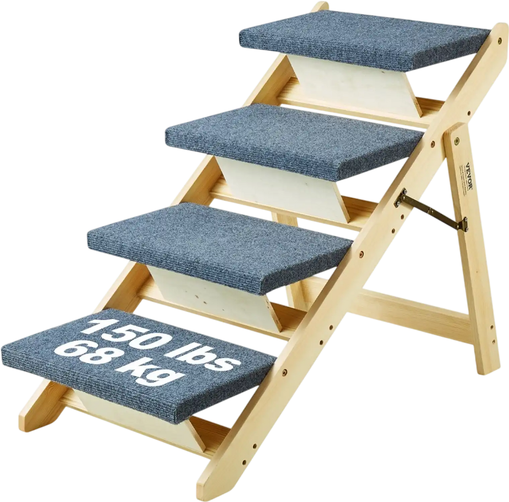 VEVOR Wooden Pet Steps and Ramp Combo, 2-in-1 Design, Foldable Access for Beds, Sofas, and Vehicles, 4-Step Structure for Pets of Small to Large Size, Supports up to 150 lbs