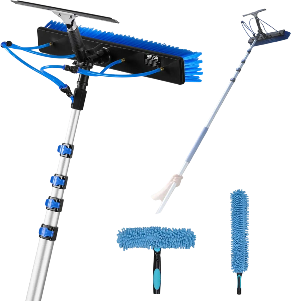 VEVOR Solar Panel Cleaning Kit, 26 ft, Water Fed Pole Kit with Cleaning Brush, Squeegee, Soap Dispenser, Extendable Aluminum Telescopic Pole, 180° Rotatable Brush Head, for Roof Mounted Solar Panels