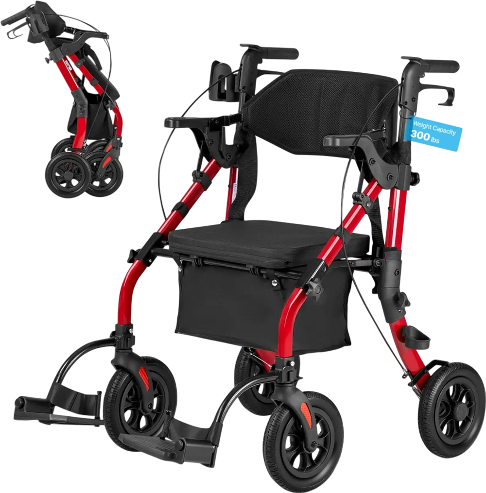 VEVOR 2-in-1 Rollator Walker & Transport Chair for Seniors, Foldable Rolling Walker Wheelchair, Lightweight Aluminum Mobility Walking Aid with Solid PU Wheels, Cup & Cane Holder - Supports 300LBS