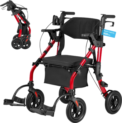 VEVOR 2-in-1 Rollator Walker & Transport Chair for Seniors, Foldable Rolling Walker Wheelchair, Lightweight Aluminum Mobility Walking Aid with Solid PU Wheels, Cup & Cane Holder - Supports 300LBS