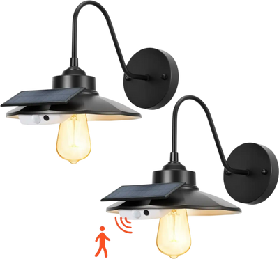 VEVOR Solar Outdoor Barn Light, 3 Lighting Modes and Motion Sensor, 2-Pack Gooseneck Light Fixture, Farmhouse Wall Sconce, with E27 Bulb Compatible, Waterproof for Porch, House, Entryway, Garage, Black
