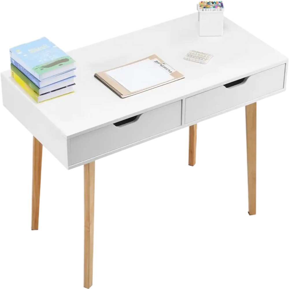 VEVOR Small Desk with Drawers, Kids Desk for Bedroom, Wooden Simple Study Table for Drawing, Reading, Writing, Rectangle MDF Furniture Study Storage Table for Home, Office, White + Wood