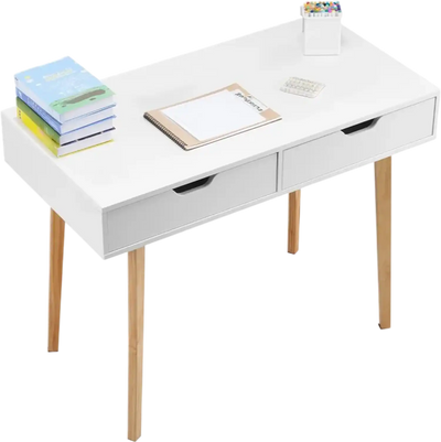 VEVOR Small Desk with Drawers, Kids Desk for Bedroom, Wooden Simple Study Table for Drawing, Reading, Writing, Rectangle MDF Furniture Study Storage Table for Home, Office, White + Wood