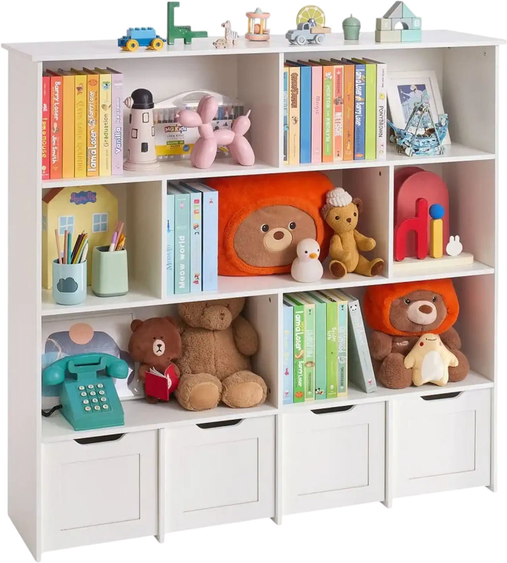 VEVOR Toy Storage Organizer, Wooden Kids Bookshelf with Storage, Toy Storage Cabinet with 4 Mobile Drawers, Kids Storage Organizer for Bedroom, Nursery, Living Room, Entryway, Preschool, White