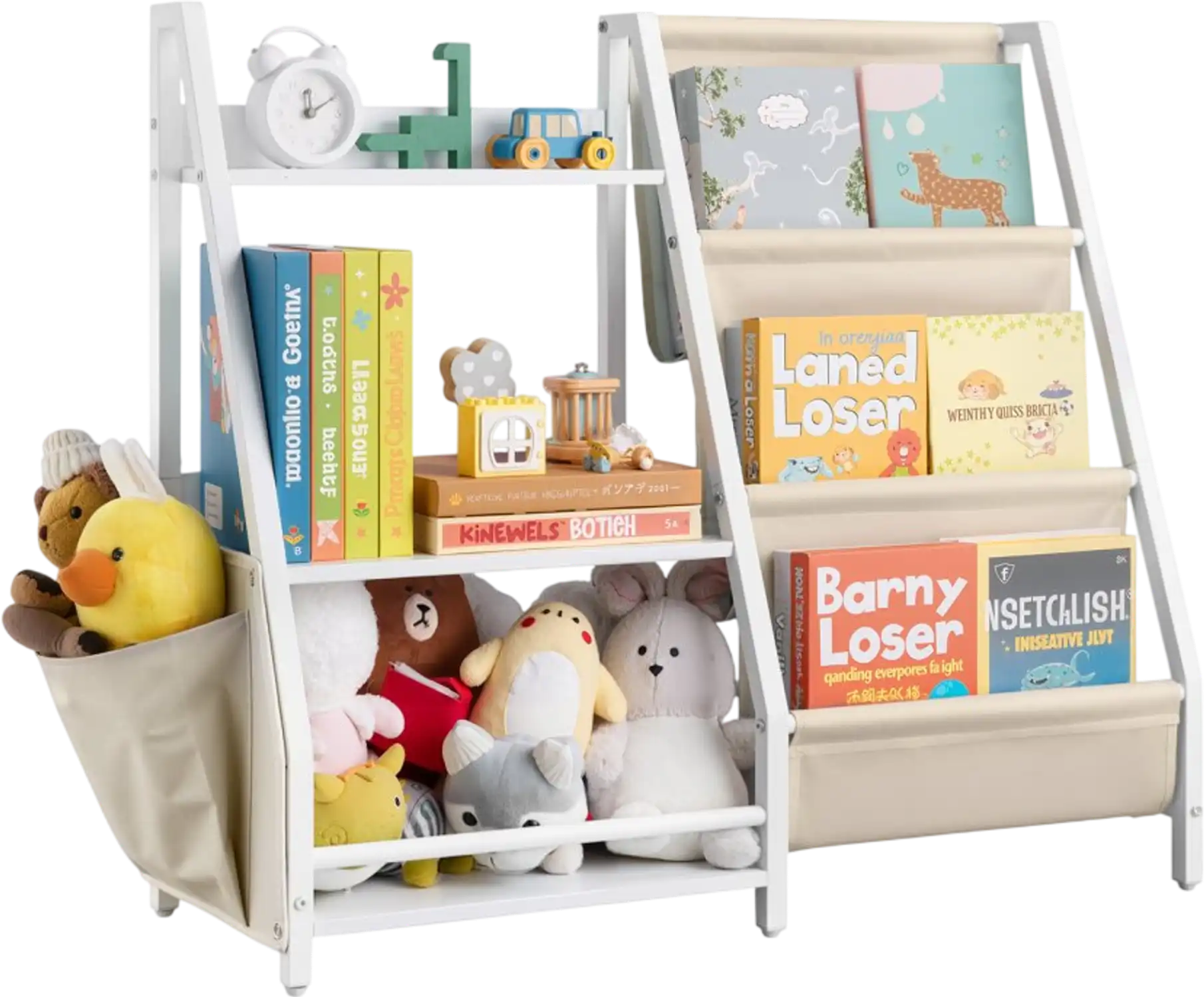 Vevor Bookshelf 3-Tier Kids Toy Storage Organizer with Sling Book Rack and Storage Bag New