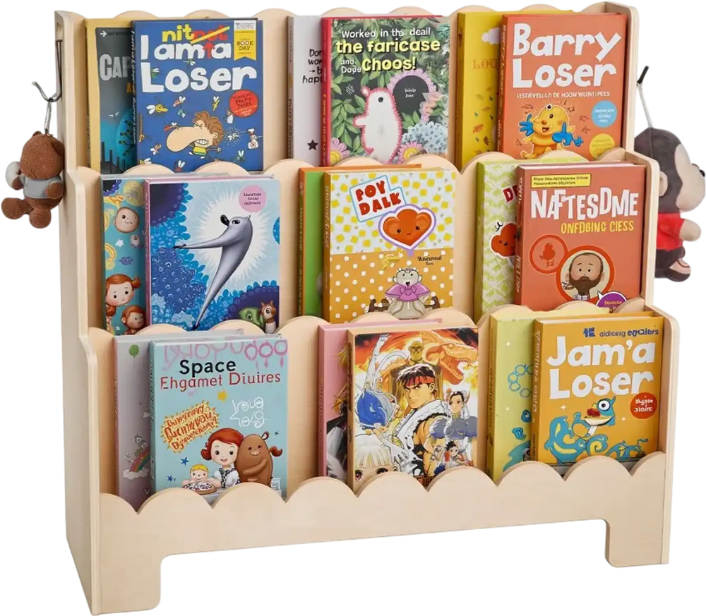 VEVOR Montessori Bookshelf, 3-Tier Scalloped Kids Bookshelf, Front Facing Toddler Bookcase, Dual Hooks for Hanging Backpacks, Baby Bookshelf for Kids Room, Living Room, Entryway, Nursury, Preschool